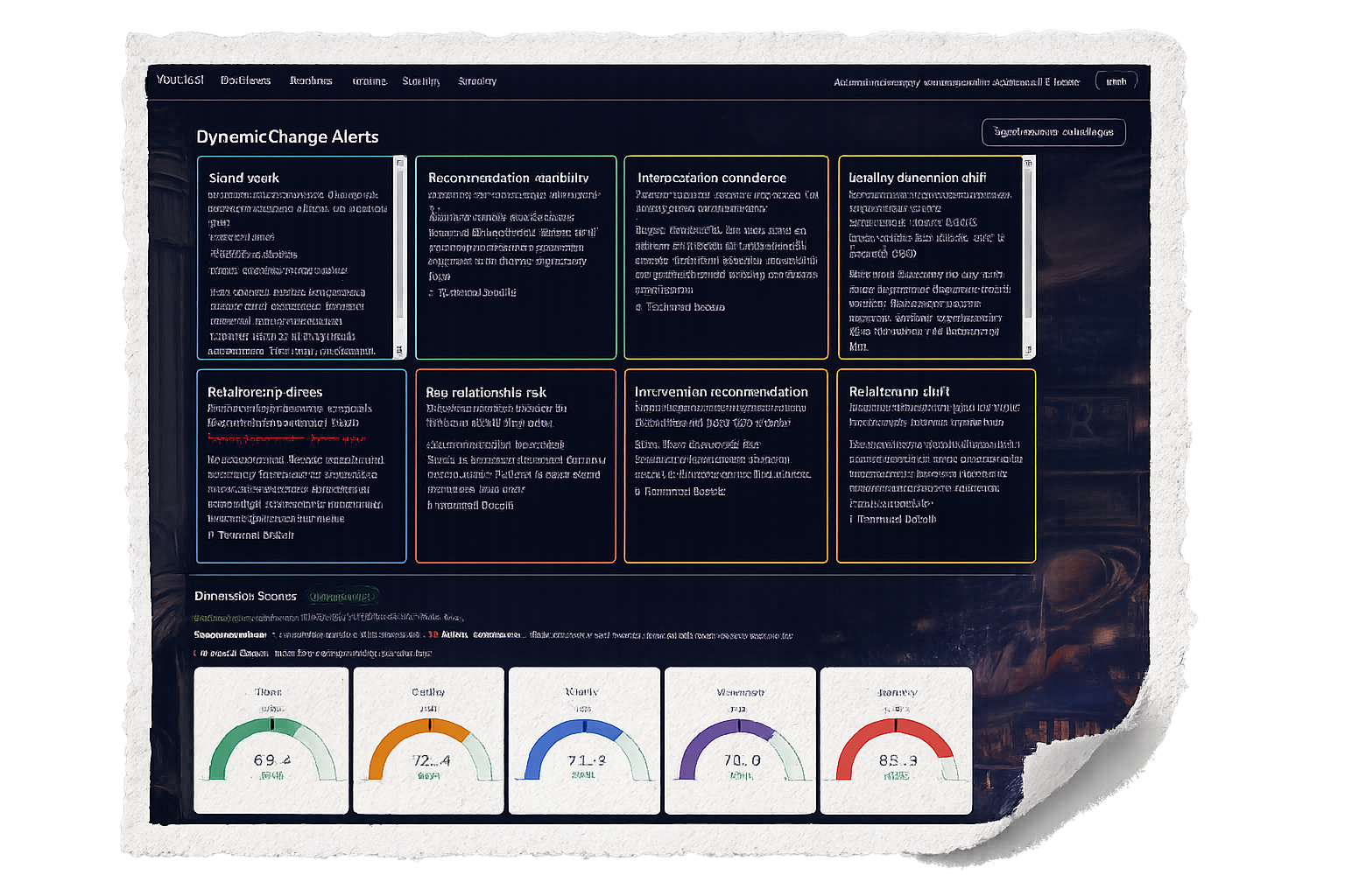 YouCast dashboard preview with dynamic change alerts and dimension score gauges